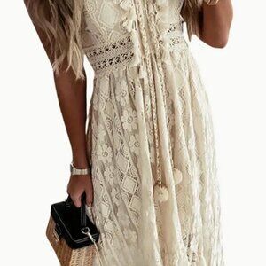 Boho Off-White Lace Hem Floral V Neck Shabby Chic Party Maxi Dress XL (12)